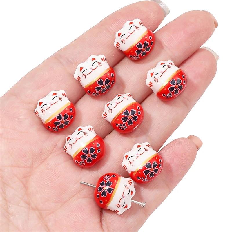 Rynx | Set of 2 Artisan 14mm Ceramic Lucky Cat Charms for Creative Jewelry Designs