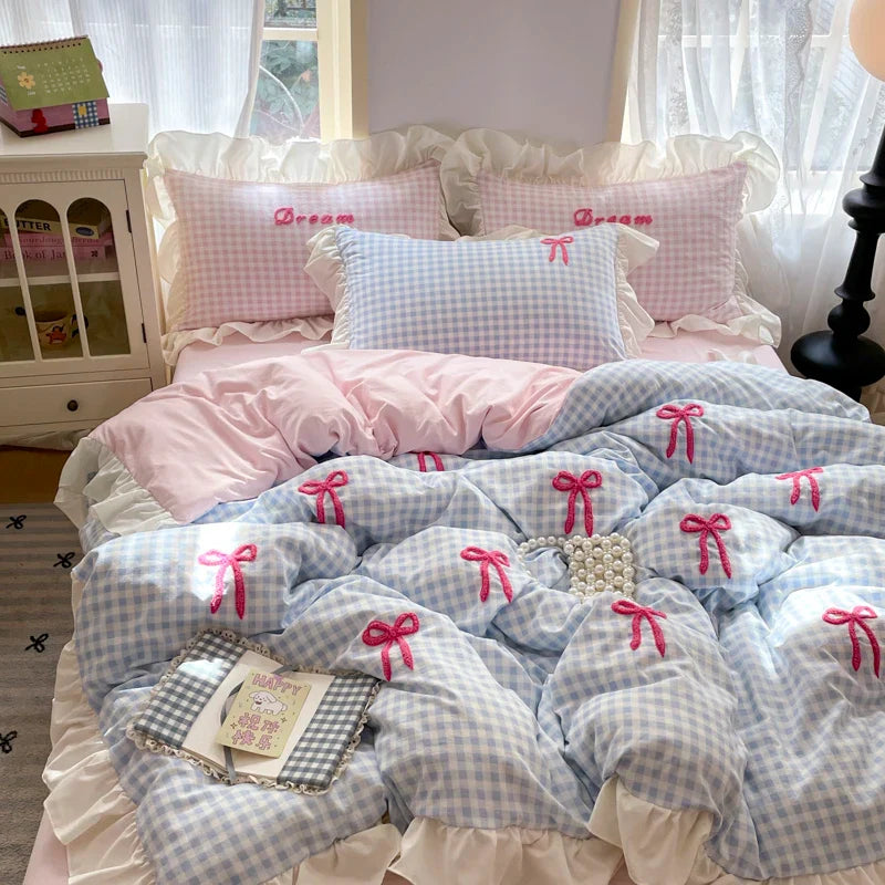 Rynx | Prinzessinnen Bettwäsche Set Spitze Schleife Rosa Karomuster 4-teilig Bettdecke Bezug Blatt und Kissenbezug Soft Romantisch Für Mädchen