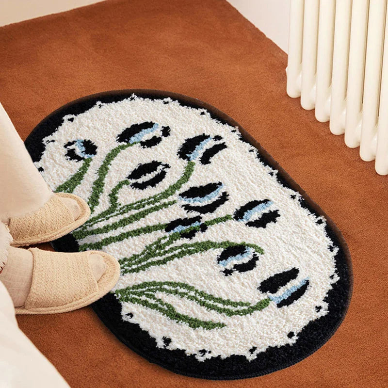 Rynx | Oval Tufting Tulip Bathroom Mat Soft Black White Bathroom Door Mat Plush Rug Bedroom Area Rug Floor Safety Mat Living Room Decor