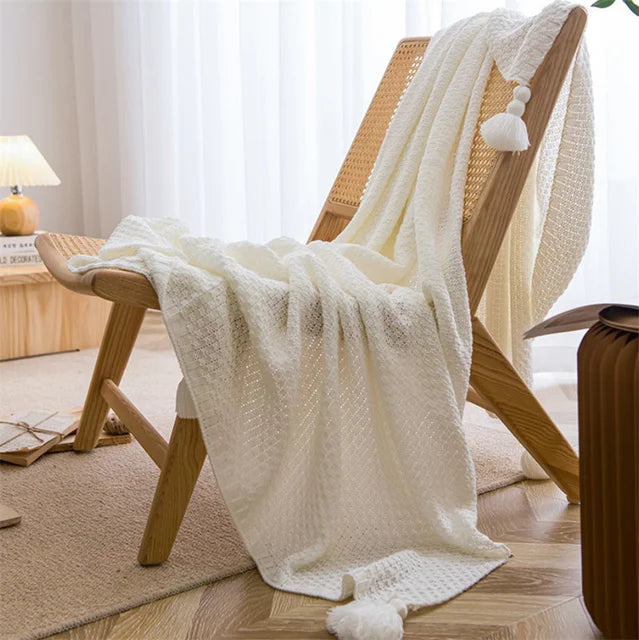Rynx | Nordic blankets for bed sofa couch chunky knit bedspread knitted throw blanket with fringes solid color waffle embossed blanket