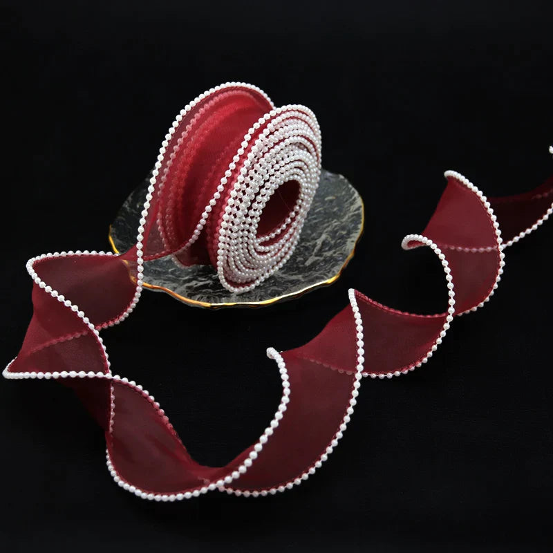 Rynx | (5 Yards/Roll) 4 cm Pearl Edge Organza Ribbon Wave Silk Lace Children Hair Accessories Lolita Handmade Decorative Gift Box Wedding