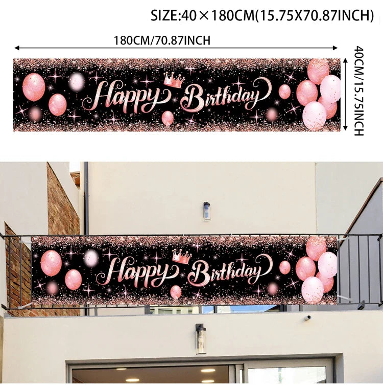 Rynx | Gold Glitter Happy Birthday Party Backdrop - Black Adult Theme Photo Decoration, DIY Backdrops for Party Supplies