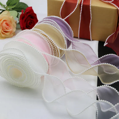 Rynx | (5 Yards/Roll) 4 cm Pearl Edge Organza Ribbon Wave Silk Lace Children Hair Accessories Lolita Handmade Decorative Gift Box Wedding