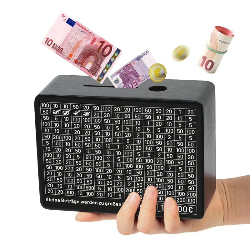 Rynx | Black Wooden Piggy Bank with Counter - Coin Bank for Saving Euros, Includes Paper Saving Goals and Numbers