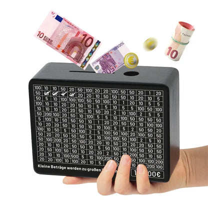 Rynx | Black Wooden Piggy Bank with Counter - Coin Bank for Saving Euros, Includes Paper Saving Goals and Numbers