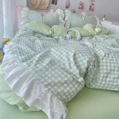 Rynx | Korean Princess Style Grid Double Layer Lace Bedding Set Soft Duvet Cover Check Pattern Bed Covers Set Bed Sheets Pillow Covers