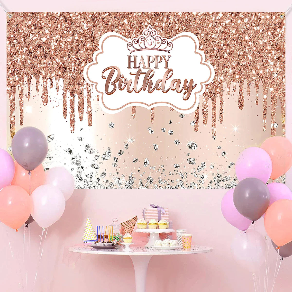 Rynx | Gold Glitter Happy Birthday Party Backdrop - Black Adult Theme Photo Decoration, DIY Backdrops for Party Supplies