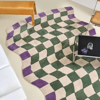 Rynx Blue Chessboard Carpet for the Living Room, Large Size, Non-Slip Floor Mat, Bedroom Decoration, Black Plaid Large Carpet, Soft Velvet