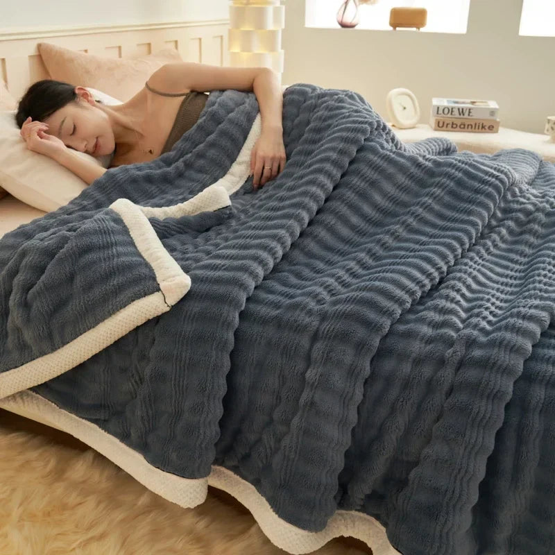 Rynx Imitation Rabbit Plush Autumn Winter Warm Blanket Striped Fluffy Warmth Sofa Blankets Soft Absorbent Breathable Nap Blanket