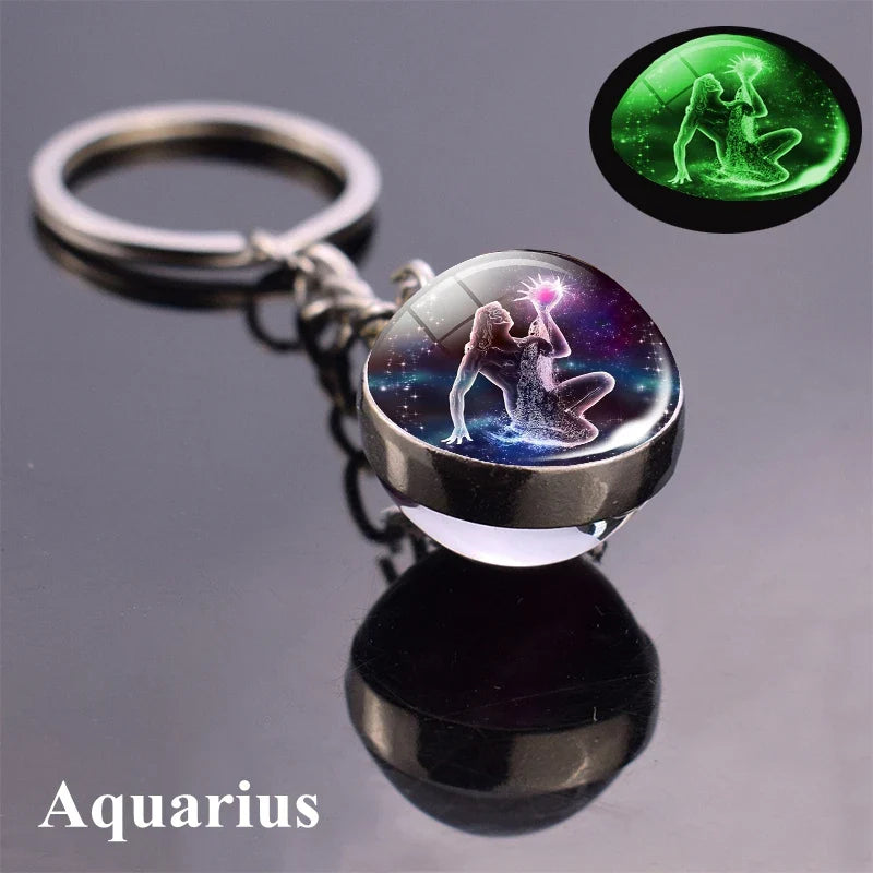 Rynx | New Luminous 12 Constellation Glass Ball Key Rings: Double Sided Zodiac Signs Keychain for Women - Glow in the Dark Birthday Gift