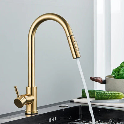 Rynx | Quyanre Brushed Gold Kitchen Faucet - Pull Out Sink Water Tap, Single Handle Mixer Tap with 360 Rotation, Kitchen Shower Faucet