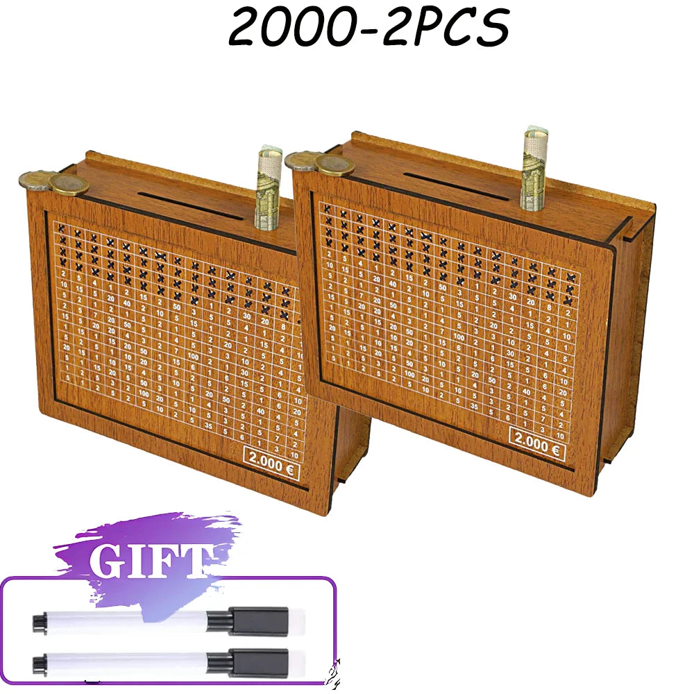Rynx | Reusable Wooden Piggy Bank - Euro Money Box in 1000/2000/3000/5000 Sizes with Saving Goals and Number Boxes