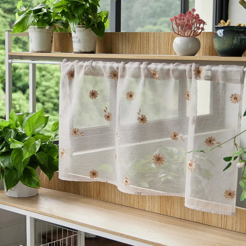 Rynx | Cotton Fashion Daisy Short Curtains Road Pocket Shade Flowers Tassel For Kitchen Bedroom Living Room Bay Window Cabinet Curtain