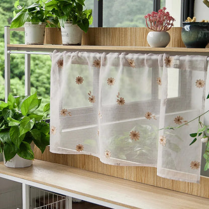 Rynx | Cotton Fashion Daisy Short Curtains Road Pocket Shade Flowers Tassel For Kitchen Bedroom Living Room Bay Window Cabinet Curtain
