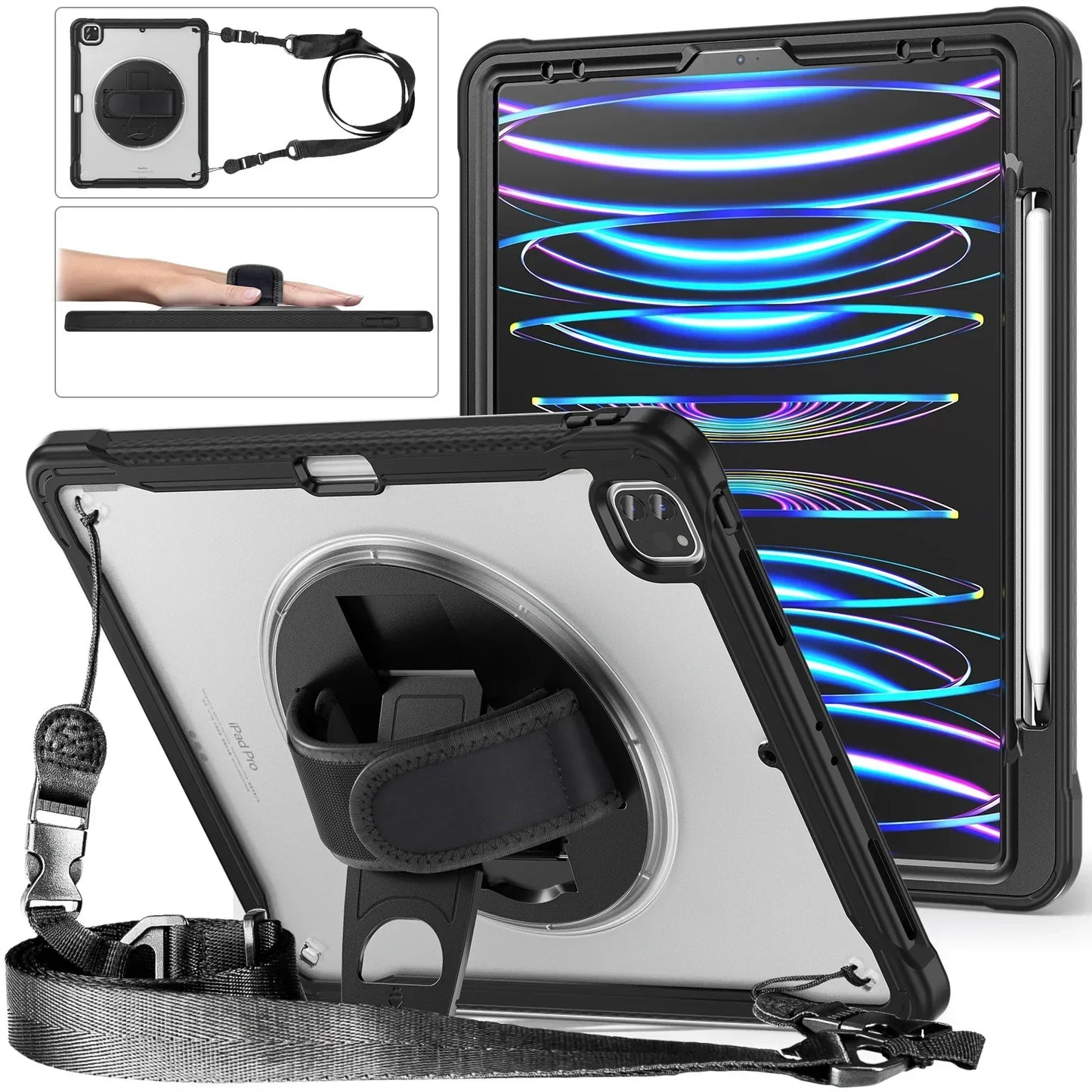 RYNX | For Ipad Pro 11 12.9 13 M1 M2 M4 2022 2024 Shockproof Heavy-Duty- Ipad Air 4 Air5 10.9"Mini6 Case+Shoulder Strap |
