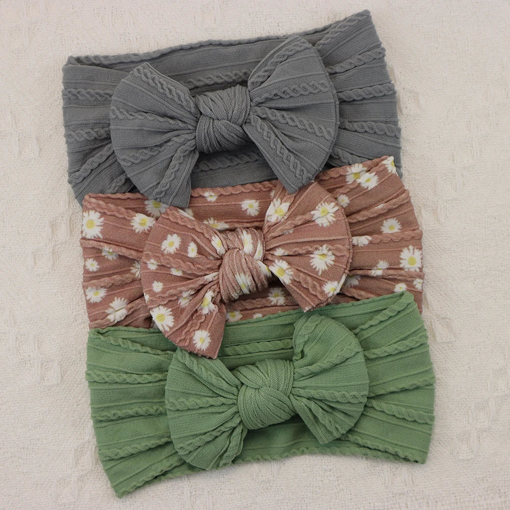 Rynx | 3Pcs Baby Headband Set: Knit Bows, Elastic Nylon Turban