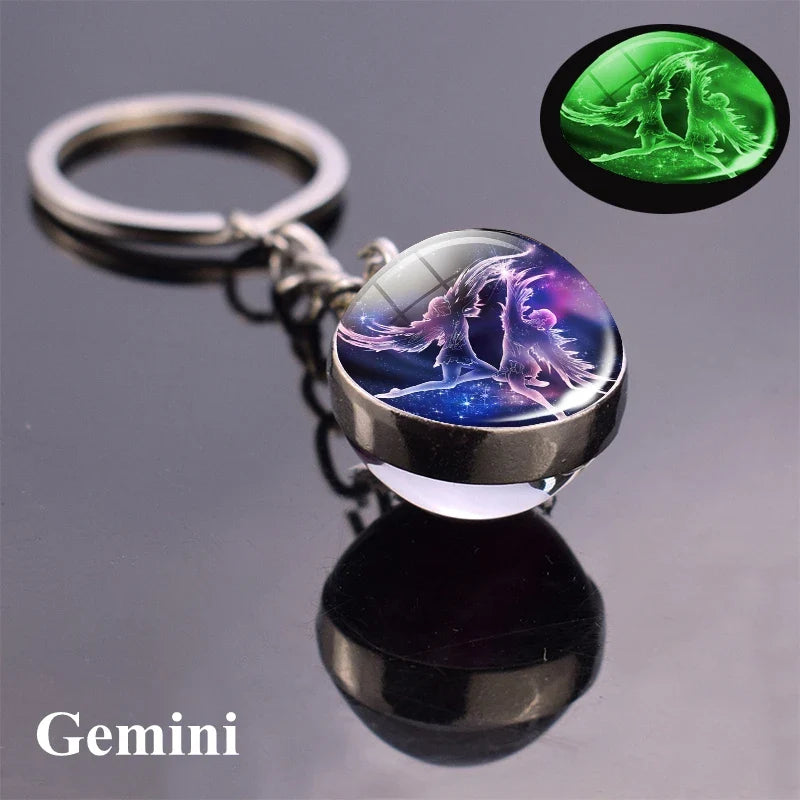 Rynx | New Luminous 12 Constellation Glass Ball Key Rings: Double Sided Zodiac Signs Keychain for Women - Glow in the Dark Birthday Gift