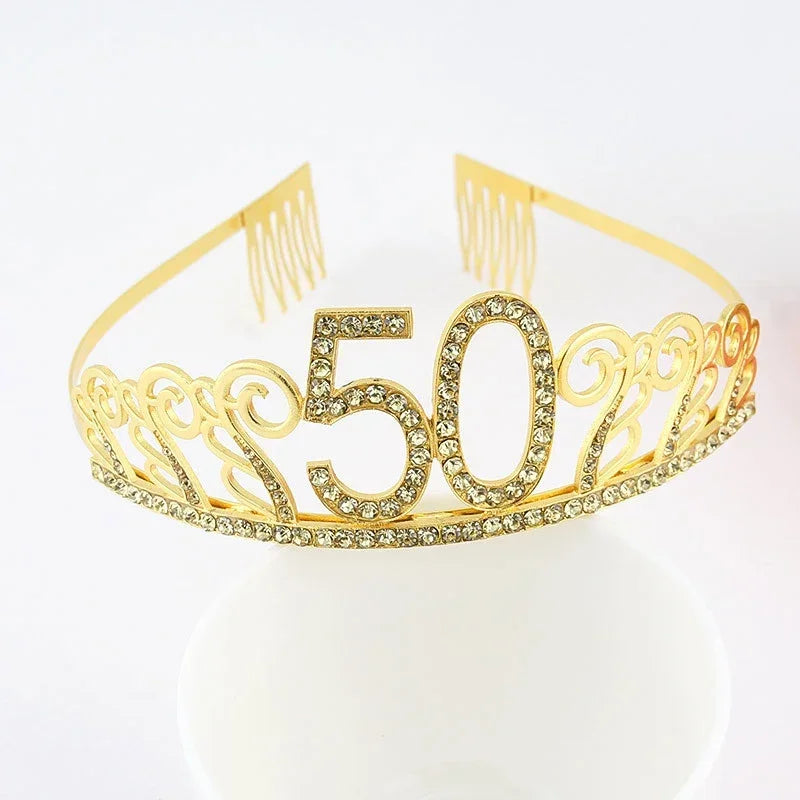 Rynx | Gold Crystal Birthday Tiara Crown for Women – 30th, 40th, 50th, 60th Party Decoration and Cake Topper