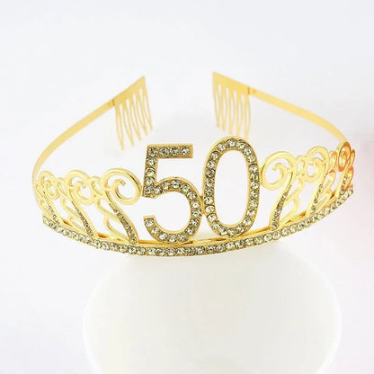 Rynx | Gold Crystal Birthday Tiara Crown for Women – 30th, 40th, 50th, 60th Party Decoration and Cake Topper