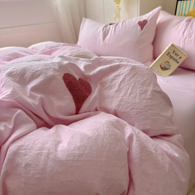 Rynx | Cute pink heart bedding set in Nordic embroidery bed sheet set of four pieces for home luxury duvet cover set for girls