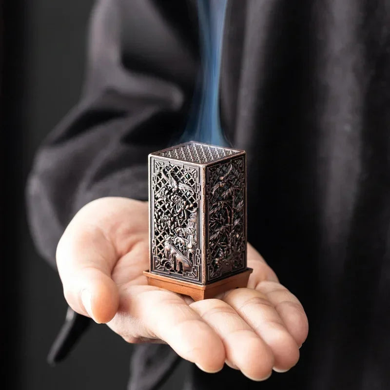 Rynx | Square Vertical Incense Burner - Small Xiangyun Alloy Holder for Indoor Aromatherapy, Chinese Plum Home Ornament