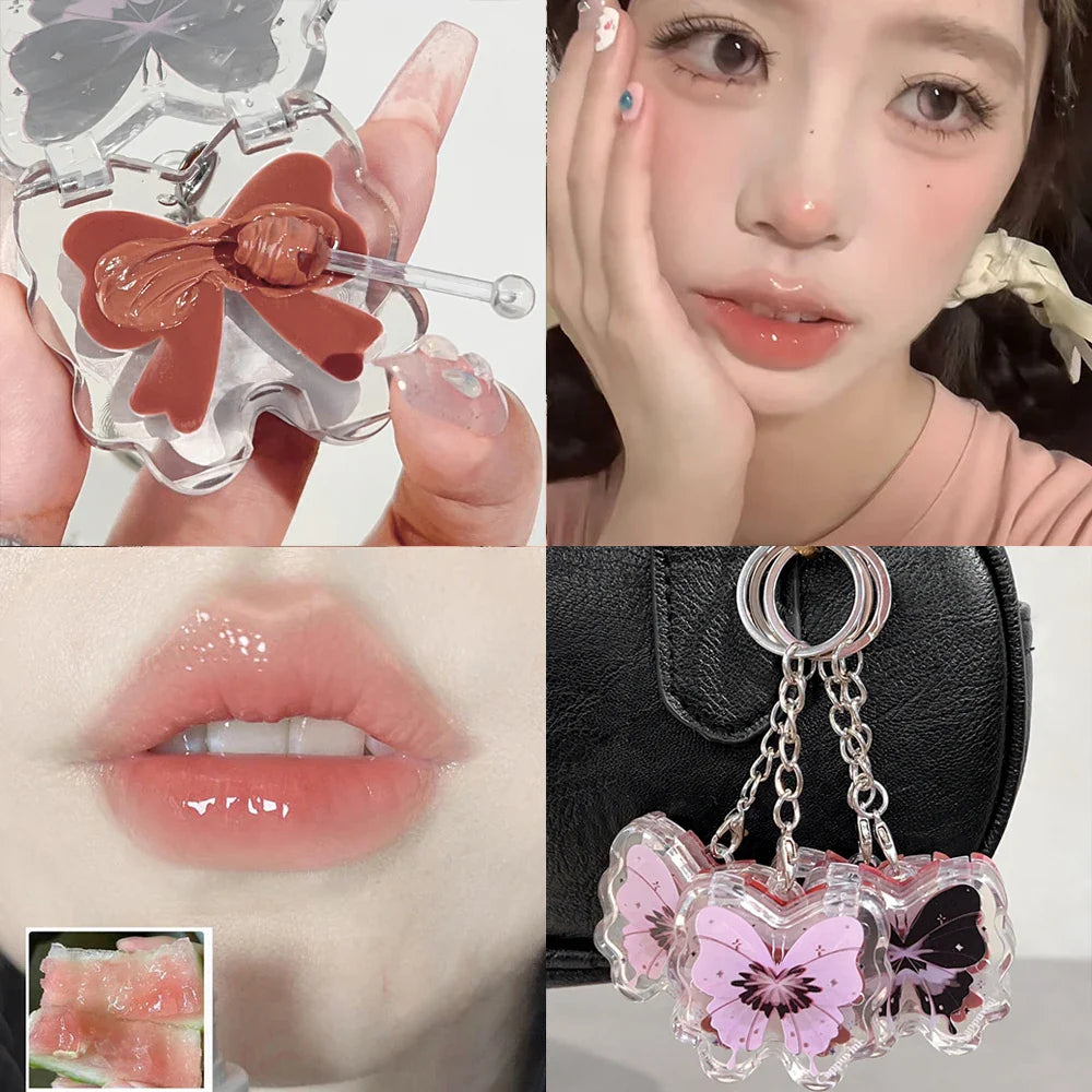 Rynx | Moisturizing Keyring Lipstick Mirror Water Korean Lip Lacquer Long-lasting Non-Sticky Cup Jelly Butterfly Liquid Lipstick Cosmetics