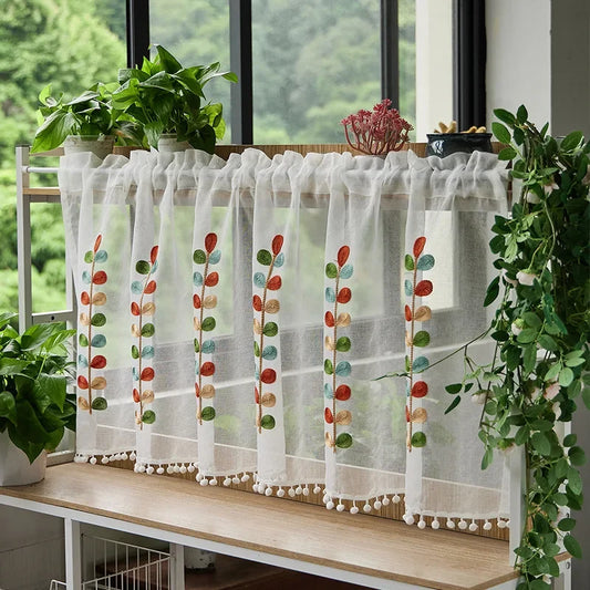 Rynx | Cotton Fashion Daisy Short Curtains Road Pocket Shade Flowers Tassel For Kitchen Bedroom Living Room Bay Window Cabinet Curtain