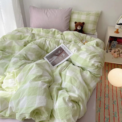 Rynx | Korean bedding set INS girl striped soft washed cotton sheet set queen king size duvet set pillowcases bedding