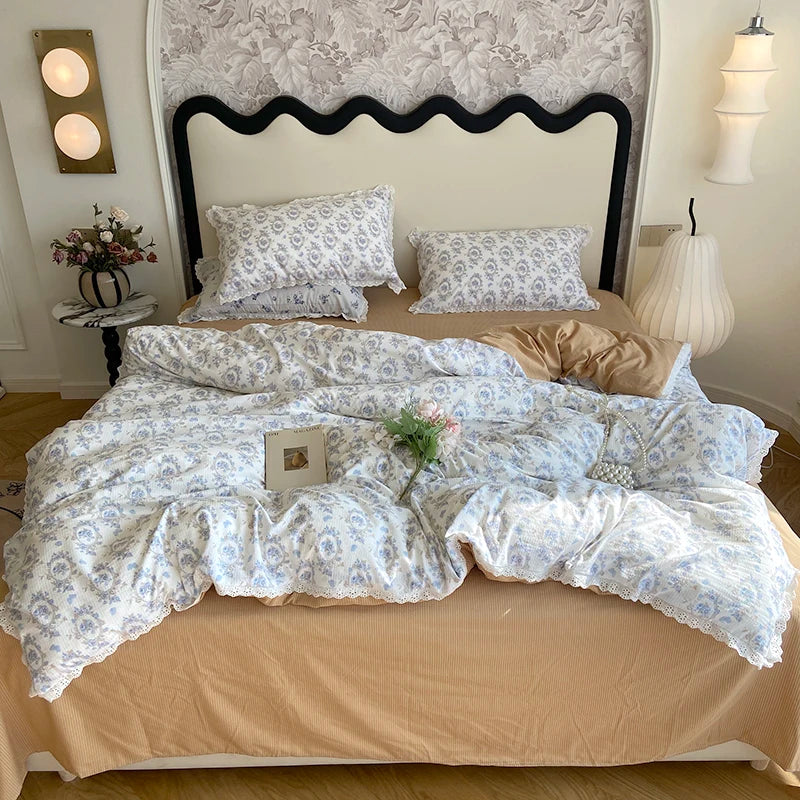 Rynx | Ins Floral Bettwäsche Set Spitze Romantisch Für Frauen Mädchen Flach Spannbetttuch Mit Orange Kissenbezügen Weiches Gewaschenes Baumwolle Vollgröße