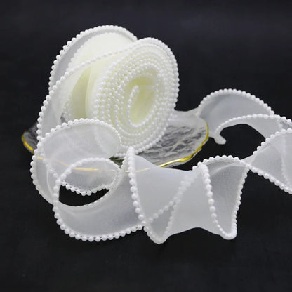 Rynx | (5 Yards/Roll) 4 cm Pearl Edge Organza Ribbon Wave Silk Lace Children Hair Accessories Lolita Handmade Decorative Gift Box Wedding