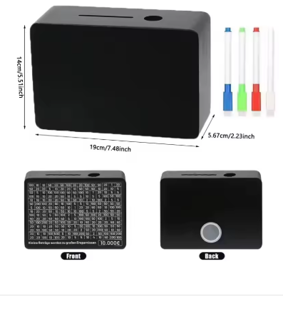 Rynx | Black Wooden Piggy Bank with Counter - Coin Bank for Saving Euros, Includes Paper Saving Goals and Numbers