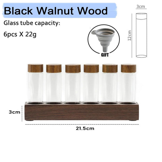 Rynx | Stylish Walnut Base Coffee Bean Display Organizer with Elegant Glass Tubes
