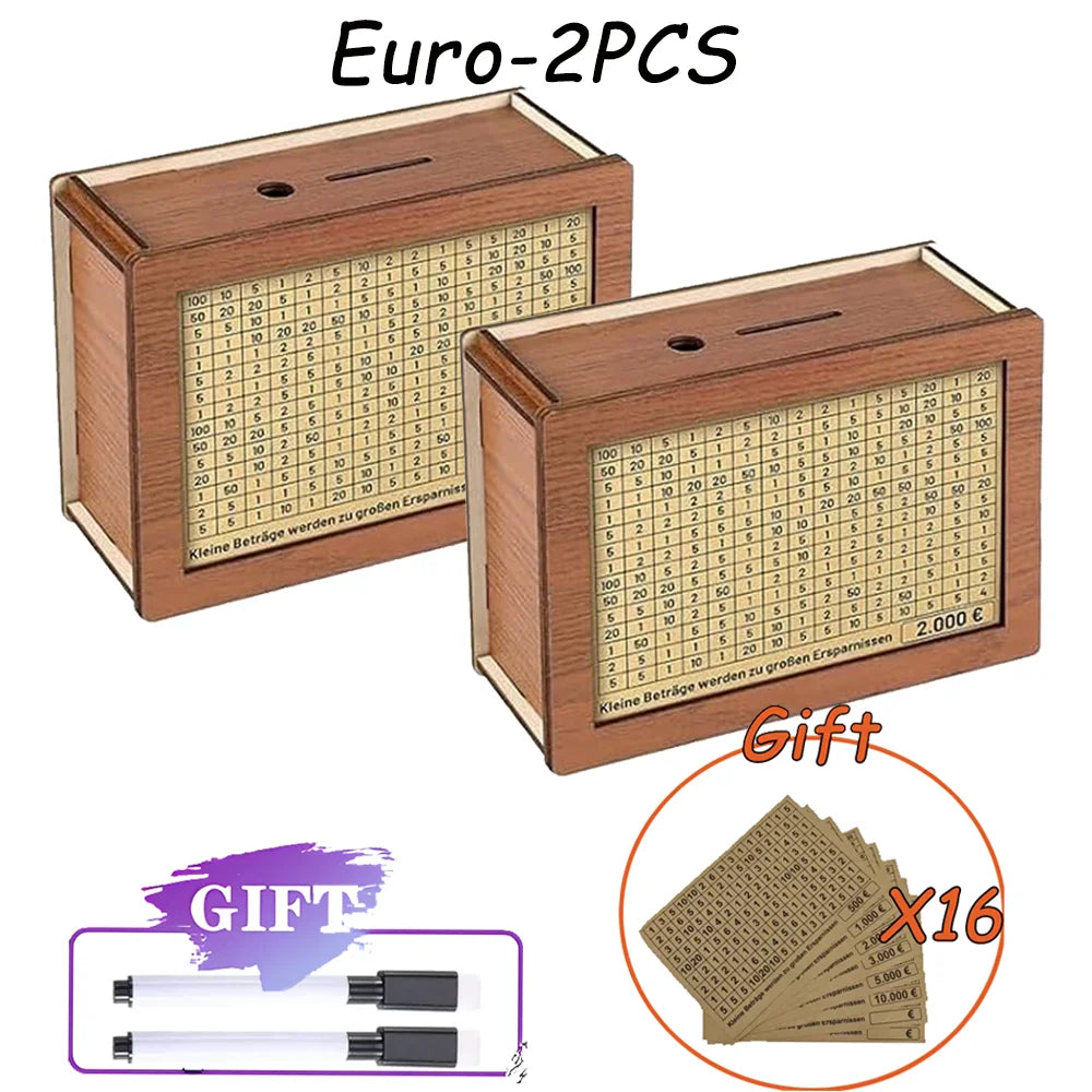 Rynx | Reusable Wooden Piggy Bank - Euro Money Box in 1000/2000/3000/5000 Sizes with Saving Goals and Number Boxes