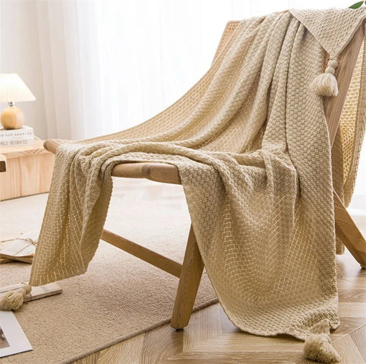Rynx | Nordic blankets for bed sofa couch chunky knit bedspread knitted throw blanket with fringes solid color waffle embossed blanket