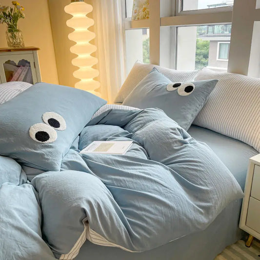 Rynx | Bedding Set A-Class Kawaii Embroidered Washed Cotton Solid Color Duvet Set Student Dormitory Bed Sheets Bed Duvet Cover Set