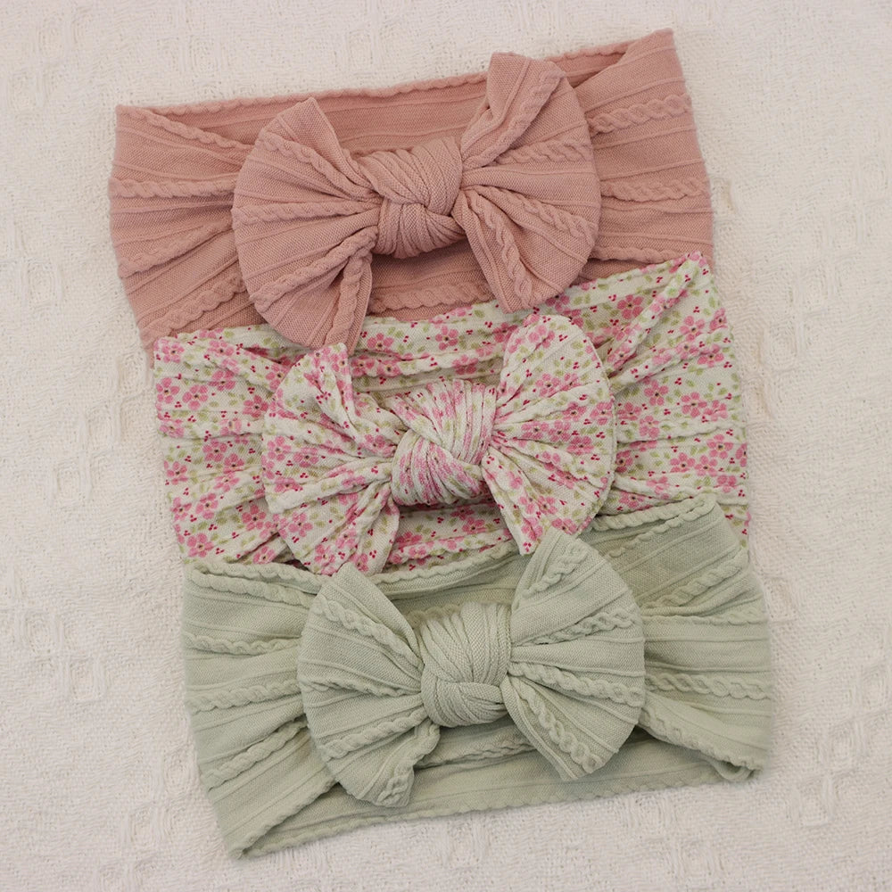 Rynx | 3Pcs Baby Headband Set: Knit Bows, Elastic Nylon Turban