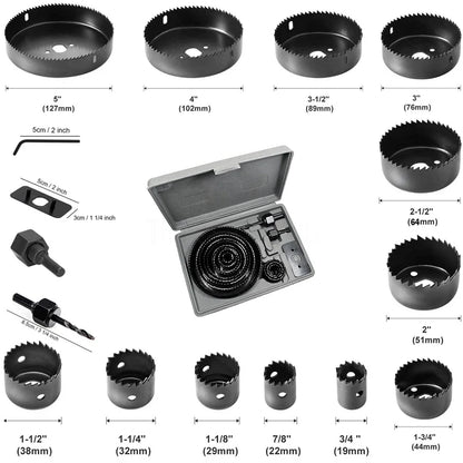 Rynx | Hole Saw Kit: 2/3/6/8/13/16PCS Set with Mandrels, Hex Key & Storage Box - Ideal for Soft Wood & PVC Board