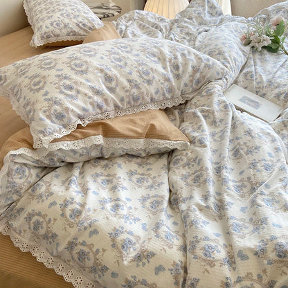 Rynx | Ins Floral Bettwäsche Set Spitze Romantisch Für Frauen Mädchen Flach Spannbetttuch Mit Orange Kissenbezügen Weiches Gewaschenes Baumwolle Vollgröße