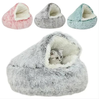 Rynx | Long Plush Cat Bed Round Cat Pillow Cat House 2 in 1 Warm Cat Basket Cat Sleeping Bag Cat Nest Kennel for Small Dog Cat