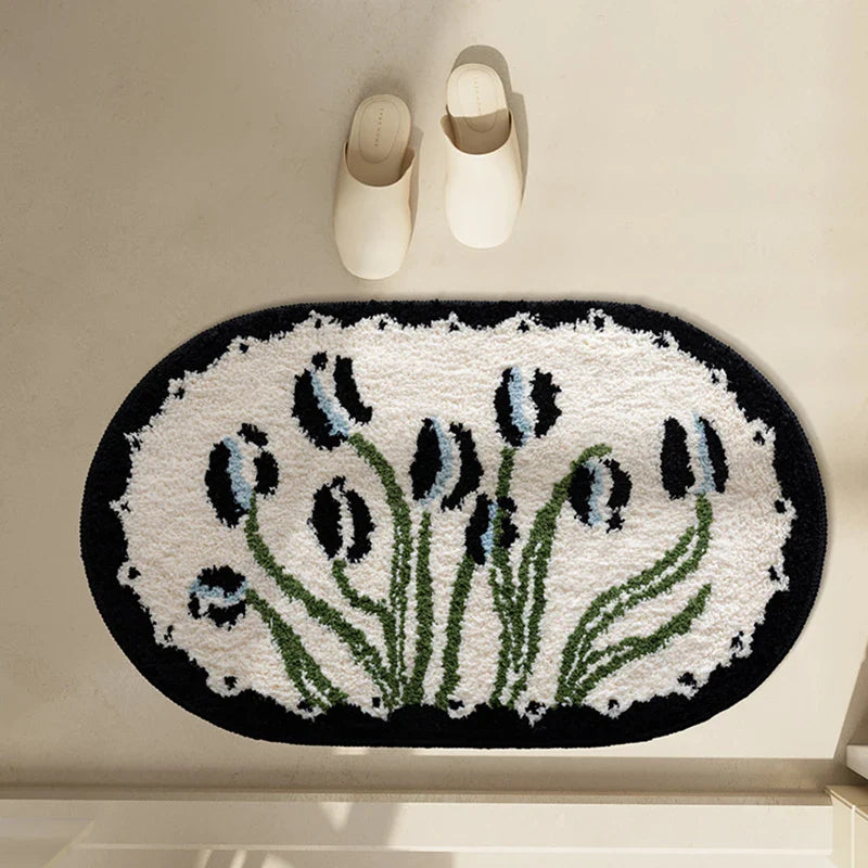 Rynx | Oval Tufting Tulip Bathroom Mat Soft Black White Bathroom Door Mat Plush Rug Bedroom Area Rug Floor Safety Mat Living Room Decor