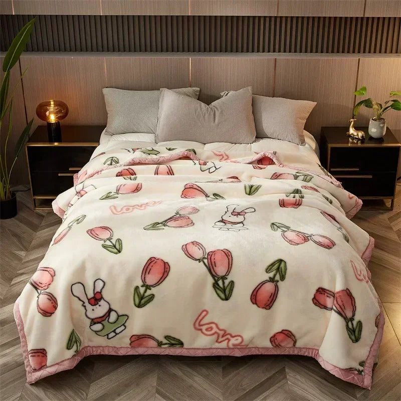 Rynx double-sided printed autumn winter blankets for the bed soft warm encrypted flocking crinkle blanket skin-friendly weighted blanket