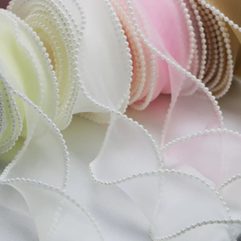Rynx | (5 Yards/Roll) 4 cm Pearl Edge Organza Ribbon Wave Silk Lace Children Hair Accessories Lolita Handmade Decorative Gift Box Wedding