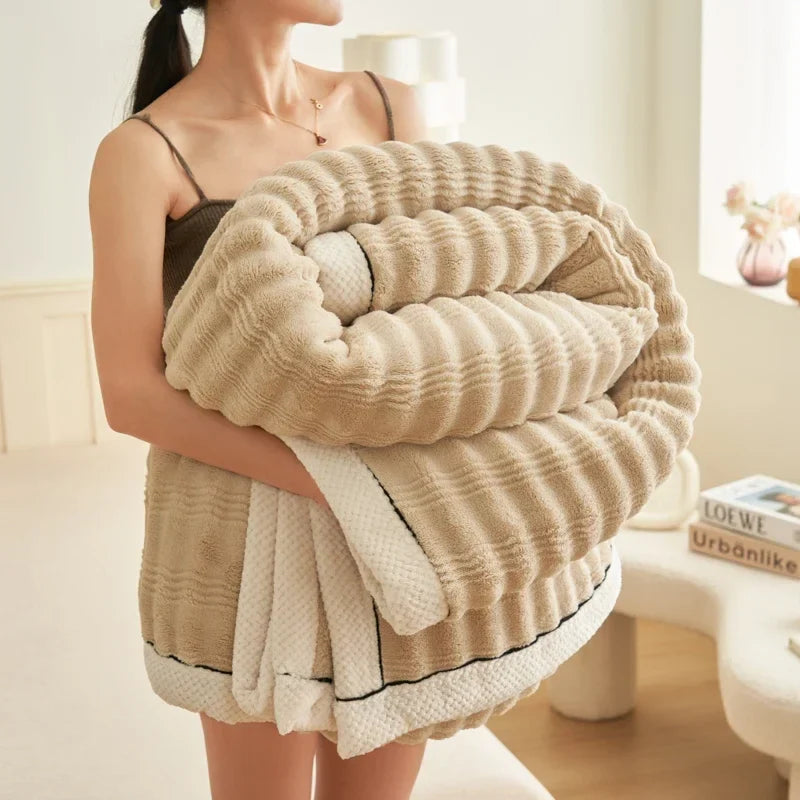Rynx Imitation Rabbit Plush Autumn Winter Warm Blanket Striped Fluffy Warmth Sofa Blankets Soft Absorbent Breathable Nap Blanket