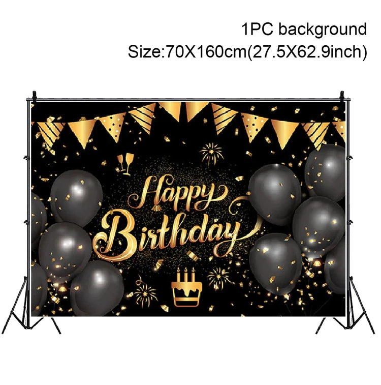 Rynx | Gold Glitter Happy Birthday Party Backdrop - Black Adult Theme Photo Decoration, DIY Backdrops for Party Supplies
