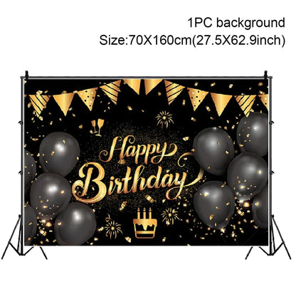 Rynx | Gold Glitter Happy Birthday Party Backdrop - Black Adult Theme Photo Decoration, DIY Backdrops for Party Supplies