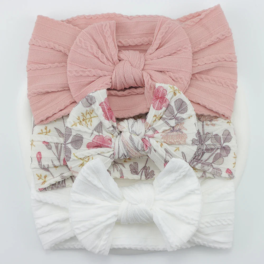 Rynx | 3Pcs Baby Headband Set: Knit Bows, Elastic Nylon Turban