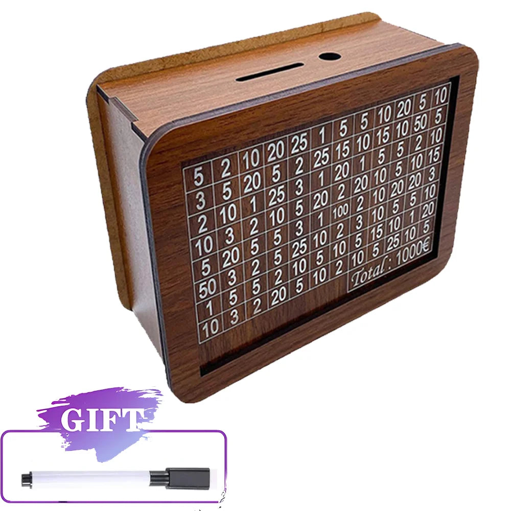 Rynx | Reusable Wooden Piggy Bank - Euro Money Box in 1000/2000/3000/5000 Sizes with Saving Goals and Number Boxes