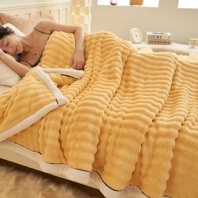 Rynx Imitation Rabbit Plush Autumn Winter Warm Blanket Striped Fluffy Warmth Sofa Blankets Soft Absorbent Breathable Nap Blanket