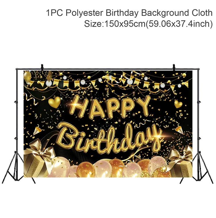 Rynx | Gold Glitter Happy Birthday Party Backdrop - Black Adult Theme Photo Decoration, DIY Backdrops for Party Supplies