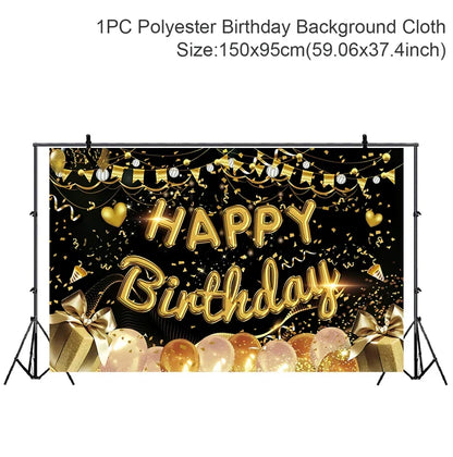 Rynx | Gold Glitter Happy Birthday Party Backdrop - Black Adult Theme Photo Decoration, DIY Backdrops for Party Supplies